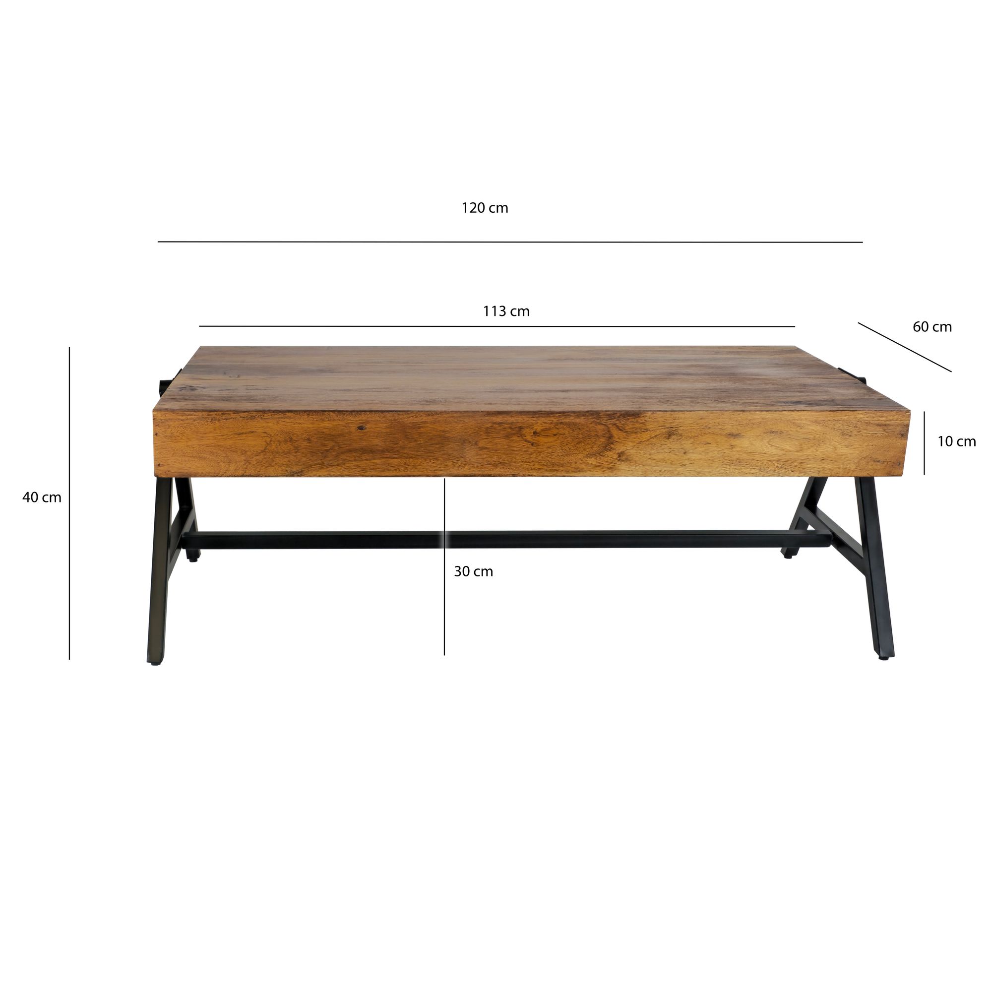 FineBuy Couchtisch Sheesham Massivholz rechteckig 120cm · Wohnzimmertisch mit Metallgestell · Handgefertigter Sofatisch im modernen Industrial Design mit stabiler Tischplatte | Farbe: Braun