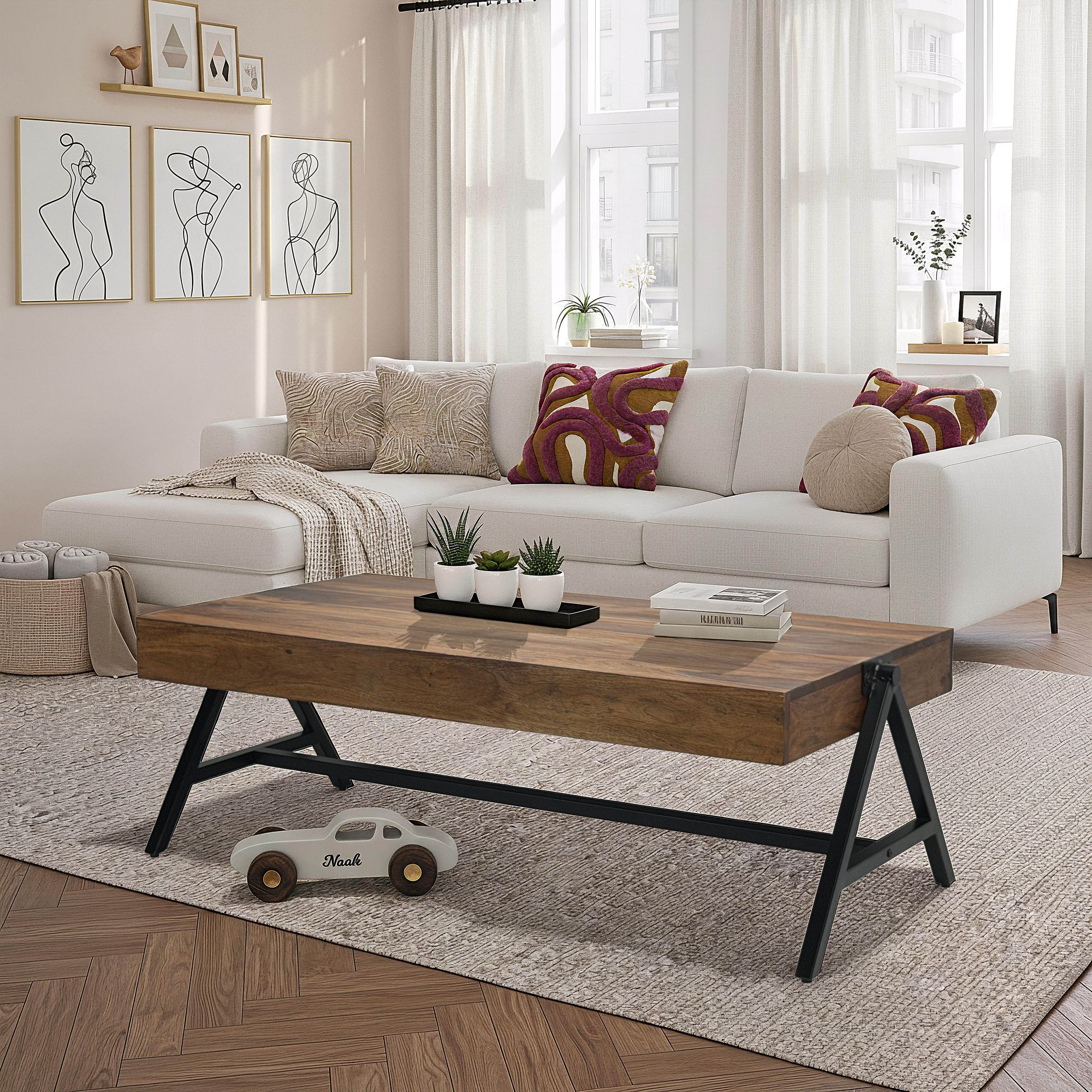 FineBuy Couchtisch Sheesham Massivholz rechteckig 120cm · Wohnzimmertisch mit Metallgestell · Handgefertigter Sofatisch im modernen Industrial Design mit stabiler Tischplatte | Farbe: Braun