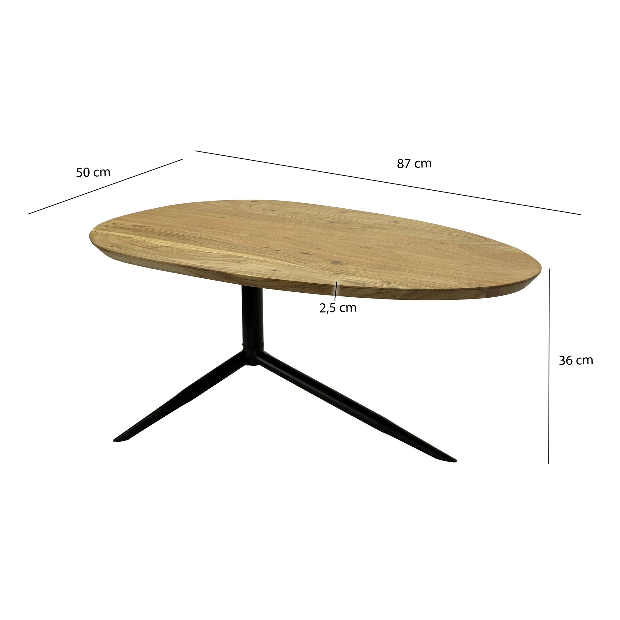 FineBuy Couchtisch Akazie Massivholz oval 87cm · Ovaler Design Wohnzimmertisch mit schwarzem Metallgestell · Moderner Sofatisch handgefertigt | Farbe: Braun