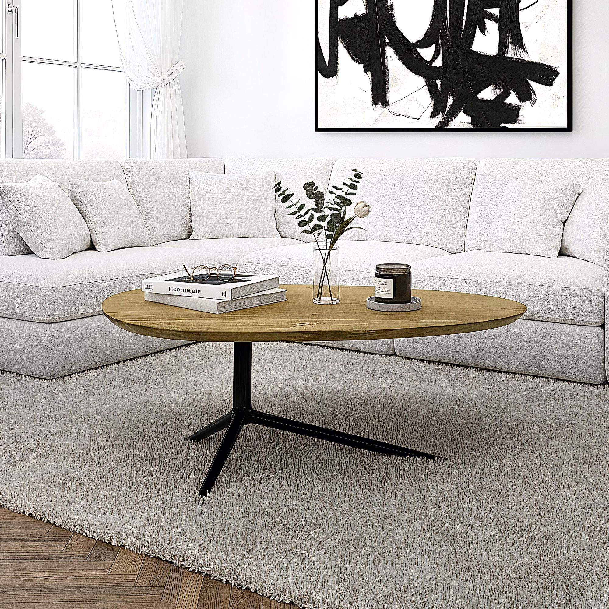 FineBuy Couchtisch Akazie Massivholz oval 87cm · Ovaler Design Wohnzimmertisch mit schwarzem Metallgestell · Moderner Sofatisch handgefertigt | Farbe: Braun