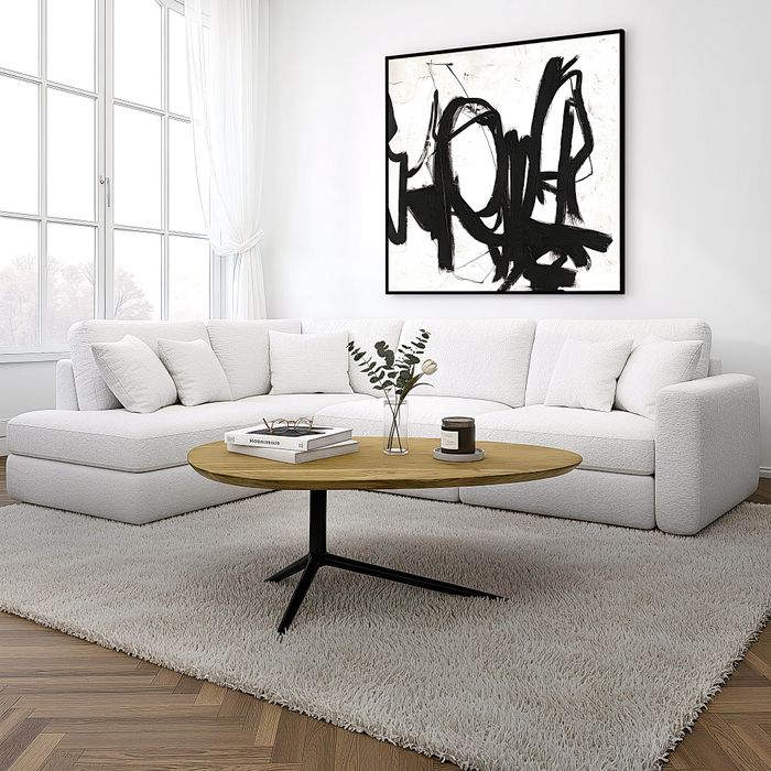 FineBuy Couchtisch Akazie Massivholz oval 87cm · Ovaler Design Wohnzimmertisch mit schwarzem Metallgestell · Moderner Sofatisch handgefertigt