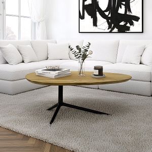 FineBuy Couchtisch Akazie Massivholz oval 87cm · Ovaler Design Wohnzimmertisch mit schwarzem Metallgestell · Moderner Sofatisch handgefertigt