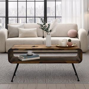 FineBuy Retro Couchtisch Sheesham Massivholz 100cm · Wohnzimmertisch rechteckig mit Ablagefach · Handgefertigter Sofatisch aus Holz mit Metallbeinen im Industrial Design