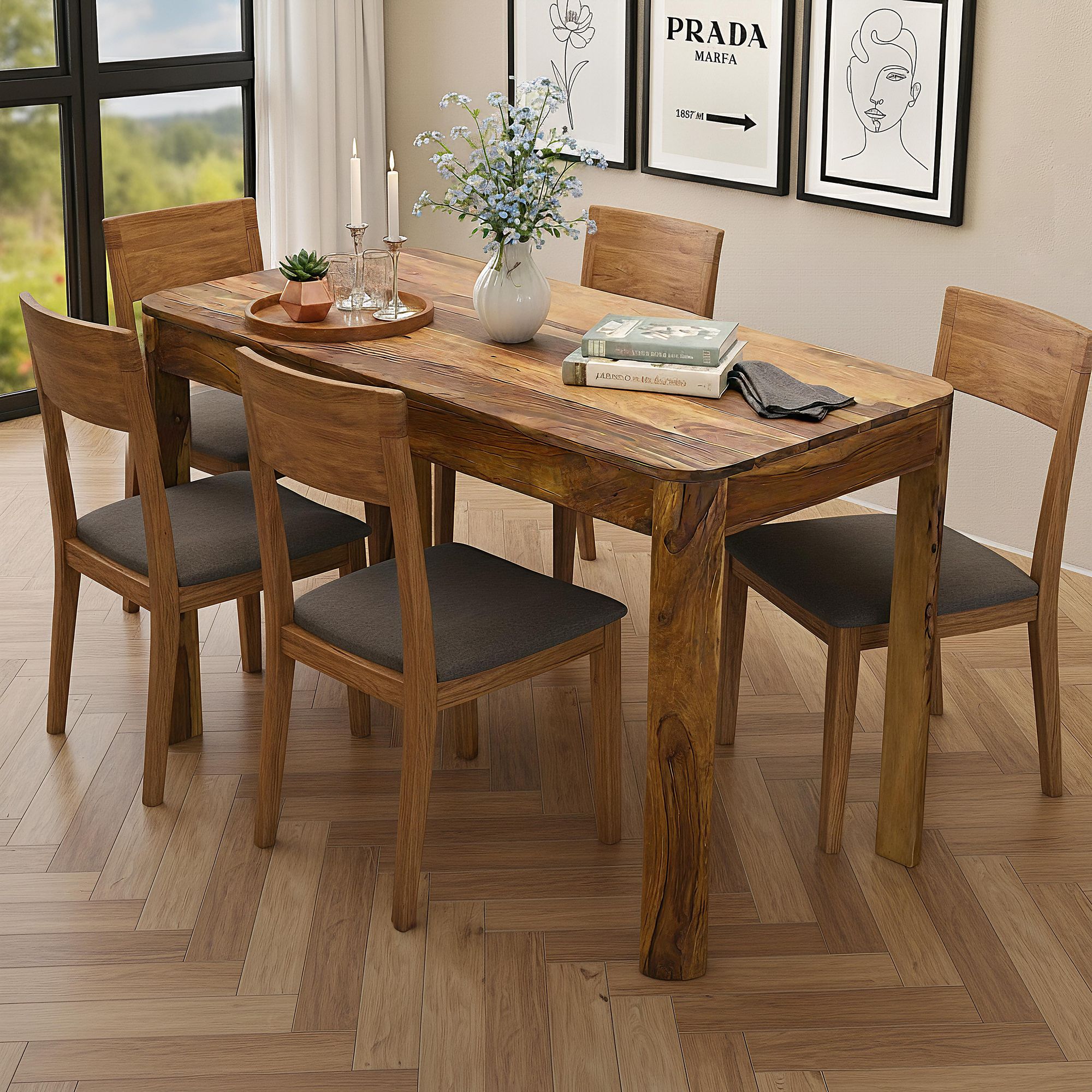 FineBuy Esstisch Sheesham Massivholz 120cm für bis zu 6 Personen · Rechteckiger Esszimmertisch im Landhaus Design · Handgefertigter Küchentisch mit abgerundeten Kanten für Esszimmer oder Küche | Farbe: Braun