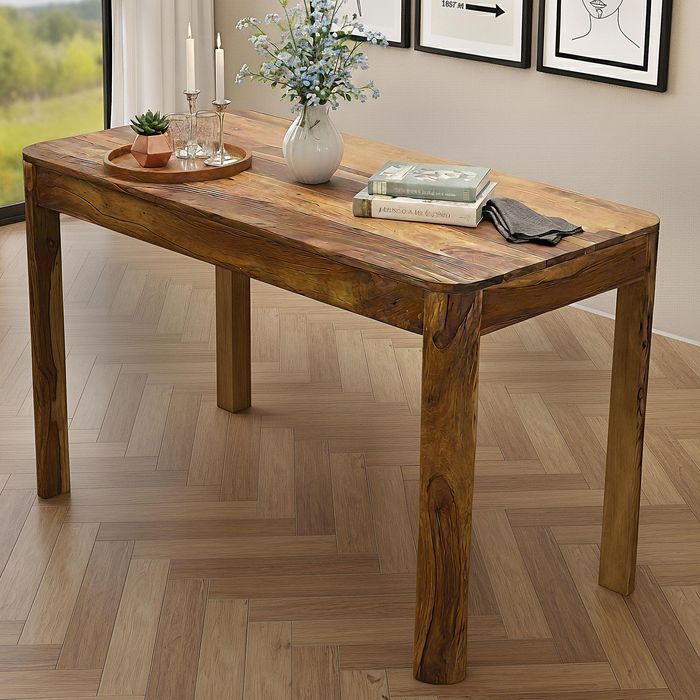 FineBuy Esstisch Sheesham Massivholz 120cm für bis zu 6 Personen · Rechteckiger Küchentisch im modernen Design · Handgefertigter Holztisch mit abgerundeten Kanten für Esszimmer oder Küche