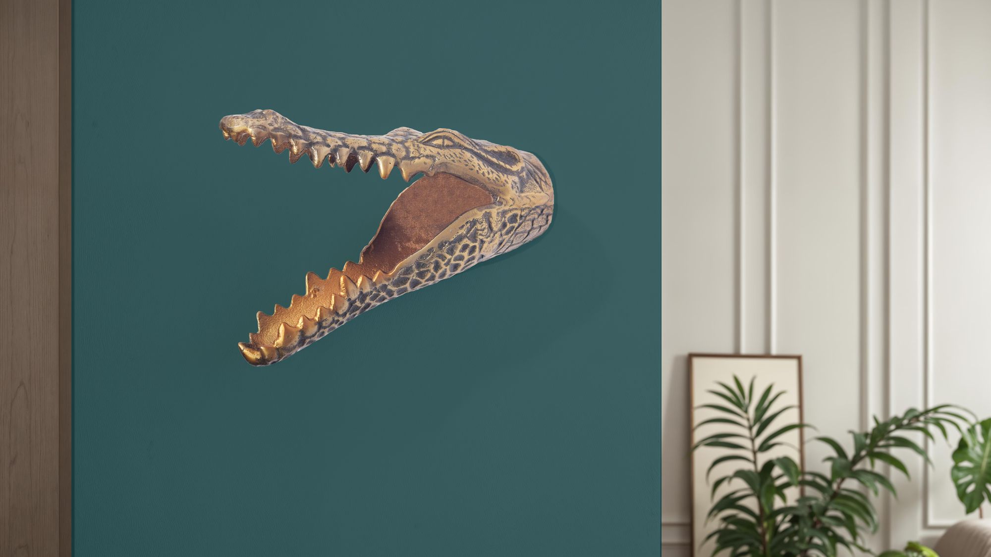 FineBuy goldene Wanddeko Krokodil Gold Metall - Krokodil-Skulptur Handmade - Handgefertigte Dekoration für die Wand aus Alu - Wandskulptur Aluminium - Tierdeko | Farbe: Gold