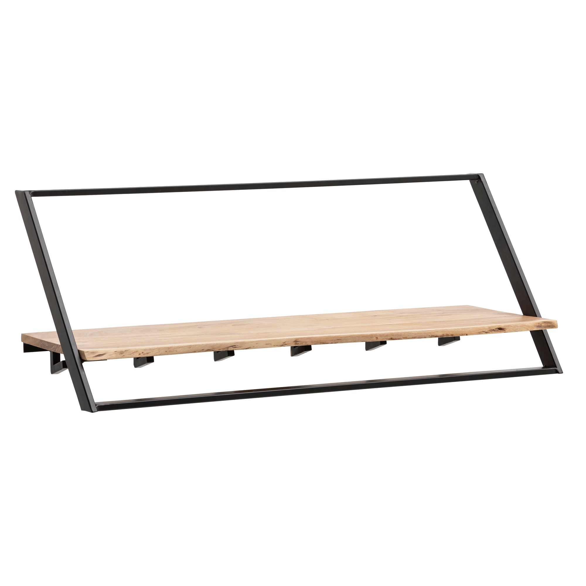 FineBuy Wandgarderobe Akazie Massivholz 100 cm mit Ablage - Industrial Garderobenpaneel mit Hutablage - Wand Garderobenleiste Hakenleiste - 6 Metall Kleiderhaken & Kleiderstange | Farbe: Braun