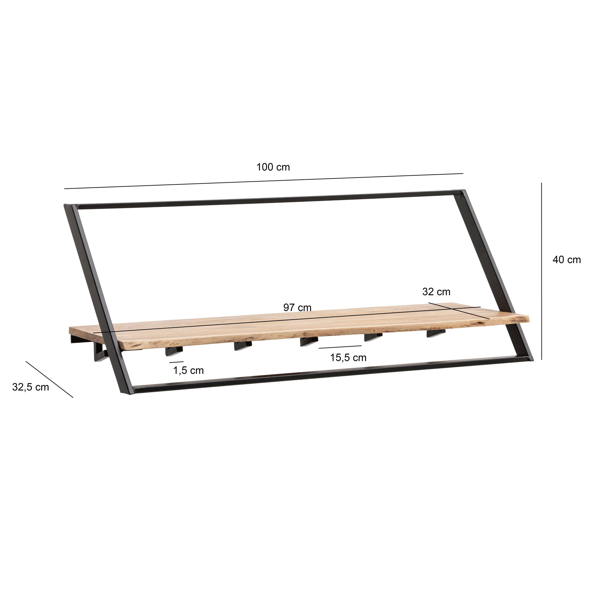 FineBuy Wandgarderobe Akazie Massivholz 100 cm mit Ablage - Industrial Garderobenpaneel mit Hutablage - Wand Garderobenleiste Hakenleiste - 6 Metall Kleiderhaken & Kleiderstange | Farbe: Braun