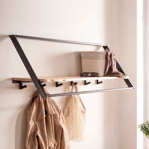 FB112985 FineBuy Garderobe aus Massivholz Akazie mit Baumkante 100 cm - Industrial Wandgarderobe mit Ablage & 5 Haken - Garderobenleiste mit Metallrahmen Schwarz Handgefertigt
