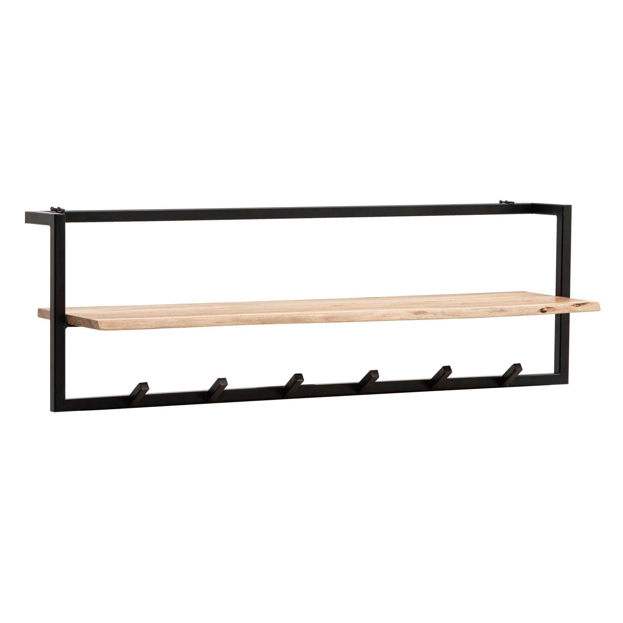 FineBuy Garderobe aus Massivholz Akazie mit Baumkante 100 cm - Industrial Wandgarderobe mit Ablage & 6 Haken - Garderobenleiste mit Metallrahmen Schwarz Handgefertigt | Farbe: Braun