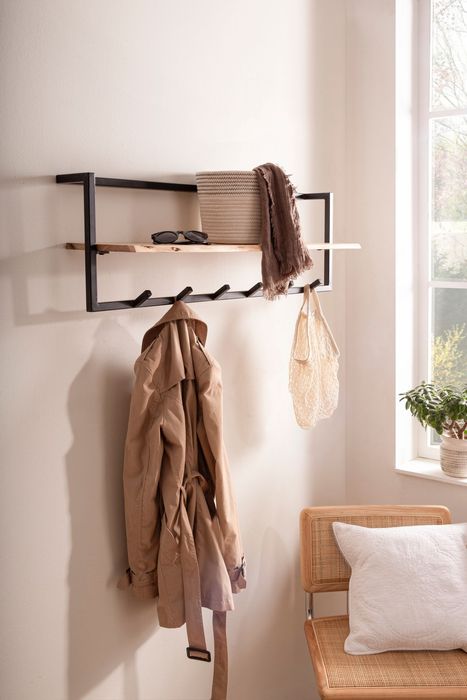 FineBuy Garderobe aus Massivholz Akazie mit Baumkante 100 cm - Industrial Wandgarderobe mit Ablage & 6 Haken - Garderobenleiste mit Metallrahmen Schwarz Handgefertigt
