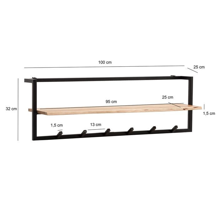 Wandgarderobe Akazie Massivholz 100cm Hängegarderobe Baumkante Industrial Modern – Maßzeichnung