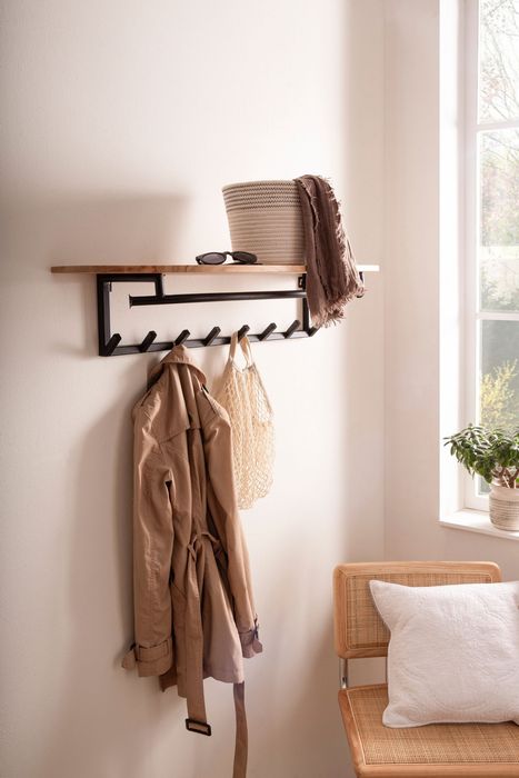 FineBuy Garderobe aus Massivholz Akazie mit Rundkante 100 cm - Industrial Wandgarderobe mit Ablage & 8 Haken - Garderobenleiste mit Metallrahmen Schwarz Handgefertigt