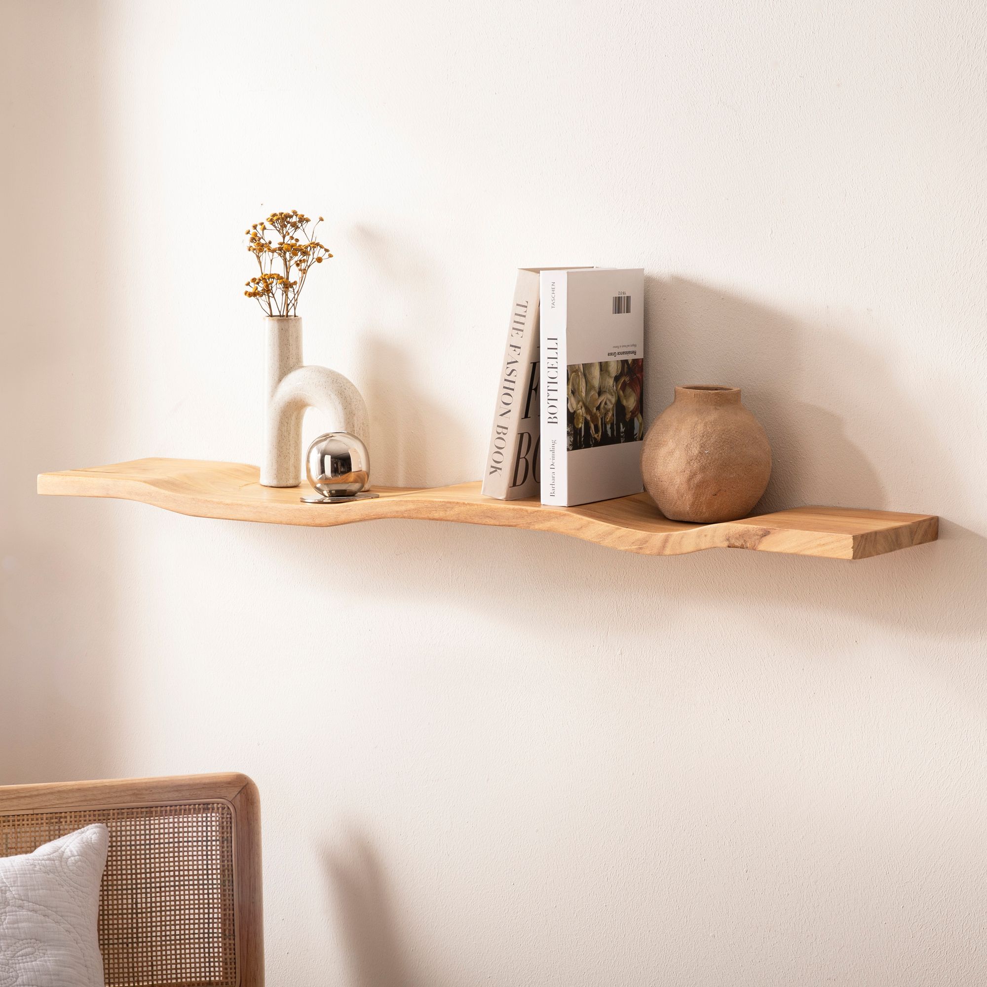 FineBuy Wandregal Akazie Massivholz - Schwebendes Design Regal für die Wand Holz massiv - Hängeregal in Wellenform - Wandboard aus Echtholz | Farbe: Braun