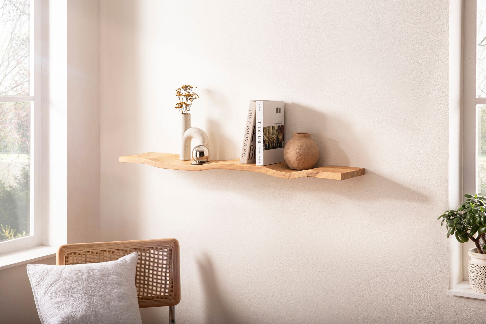 FineBuy Wandregal Akazie Massivholz - Schwebendes Design Regal für die Wand Holz massiv - Hängeregal in Wellenform - Wandboard aus Echtholz | Farbe: Braun