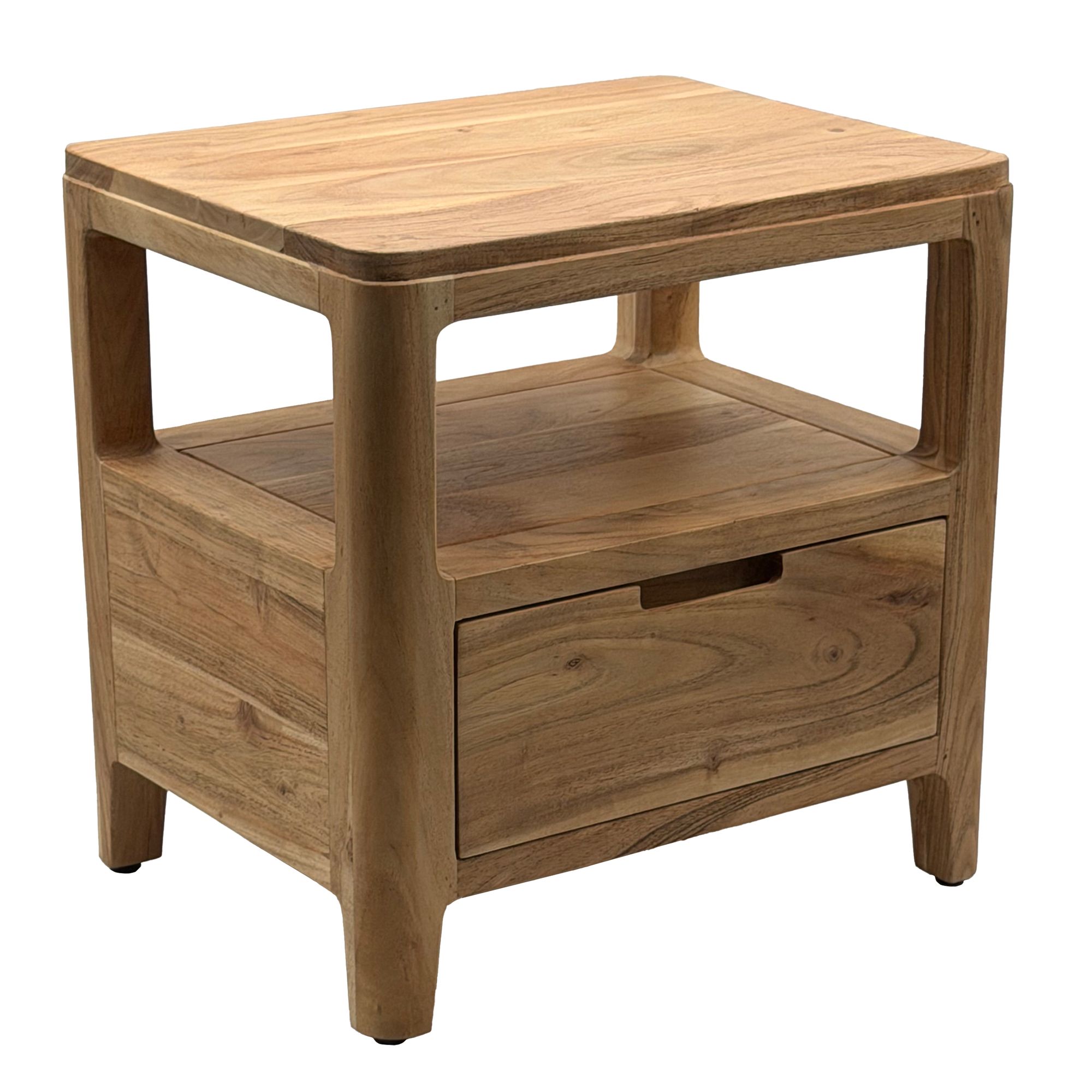 FineBuy Nachttisch Massivholz Akazie 45x35x46cm - Nachtkonsole mit Schublade & offenen Ablagen - Nachtkästchen Holz - Nachtschrank Schlafzimmer - Nachtkommode Modernes Design | Farbe: Braun