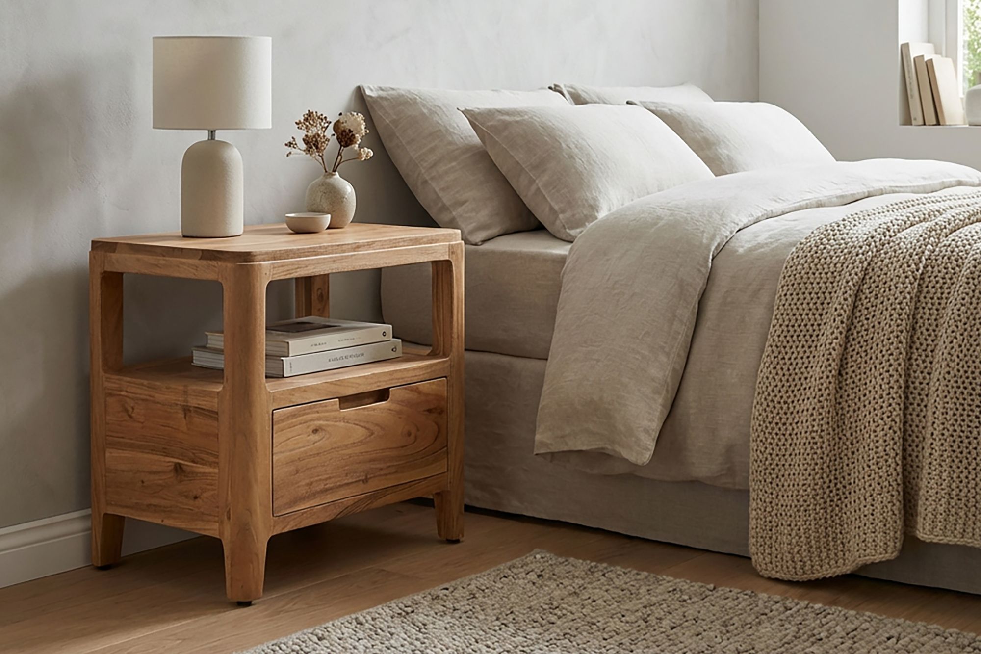 FineBuy Nachttisch Massivholz Akazie 45x35x46cm - Nachtkonsole mit Schublade & offenen Ablagen - Nachtkästchen Holz - Nachtschrank Schlafzimmer - Nachtkommode Modernes Design | Farbe: Braun