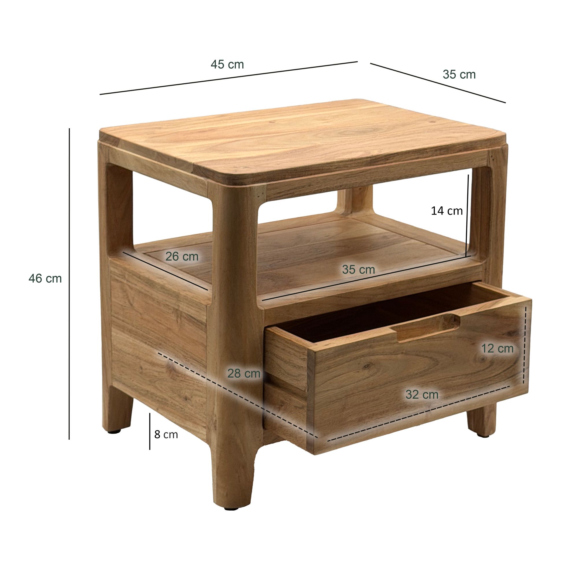 FineBuy Nachttisch Massivholz Akazie 45x35x46cm - Nachtkonsole mit Schublade & offenen Ablagen - Nachtkästchen Holz - Nachtschrank Schlafzimmer - Nachtkommode Modernes Design | Farbe: Braun
