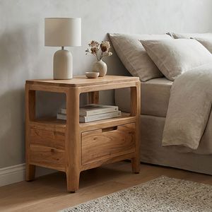 FineBuy Nachttisch Massivholz Akazie 45x35x46cm - Nachtkonsole mit Schublade & offenen Ablagen - Nachtkästchen Holz - Nachtschrank Schlafzimmer - Nachtkommode Modernes Design