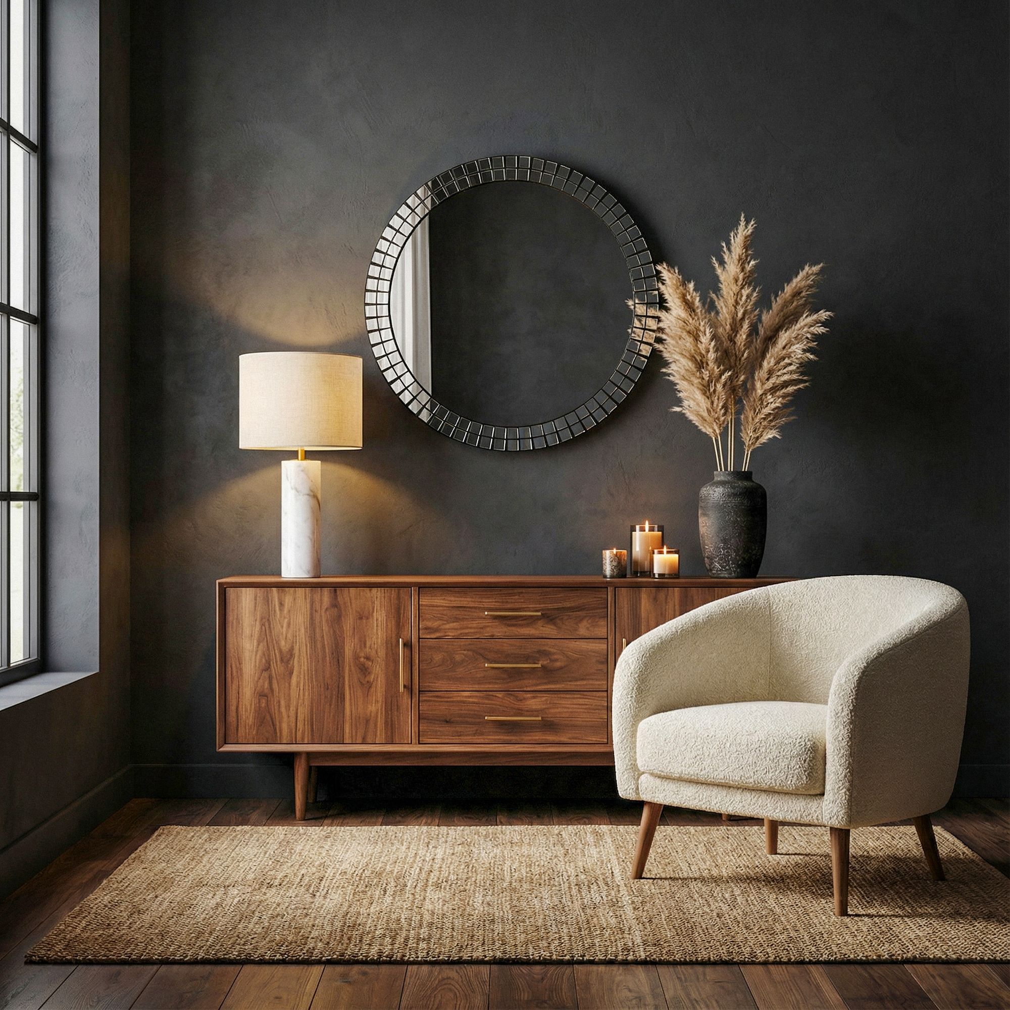 FineBuy Wandspiegel rund 60cm – Design Dekospiegel – Spiegel für die Wand - Wohnzimmer Flur – runder Wohnspiegel - Hängespiegel Flurspiegel modern | Farbe: Schwarz