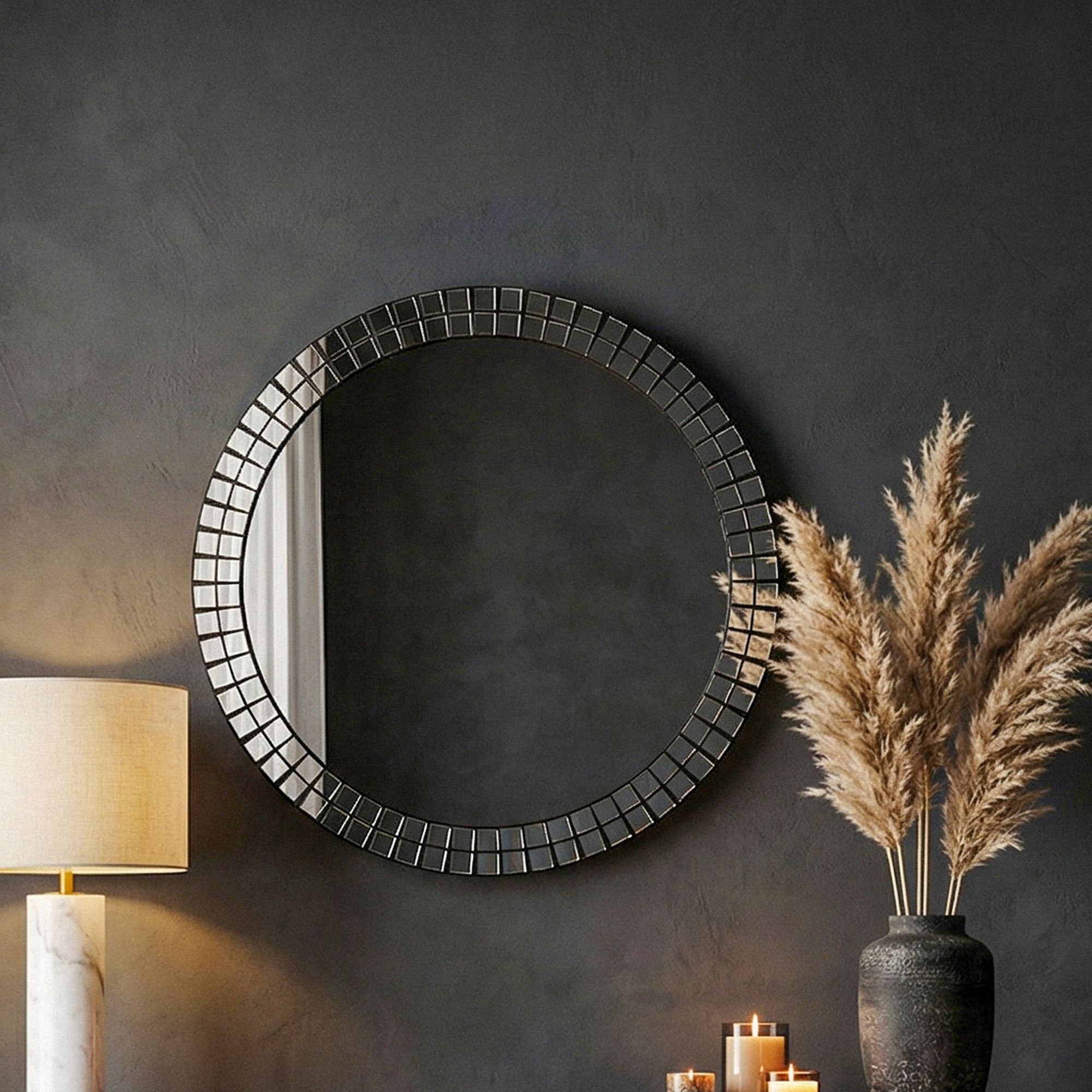 FineBuy Wandspiegel rund 60cm – Design Dekospiegel – Spiegel für die Wand - Wohnzimmer Flur – runder Wohnspiegel - Hängespiegel Flurspiegel modern | Farbe: Schwarz