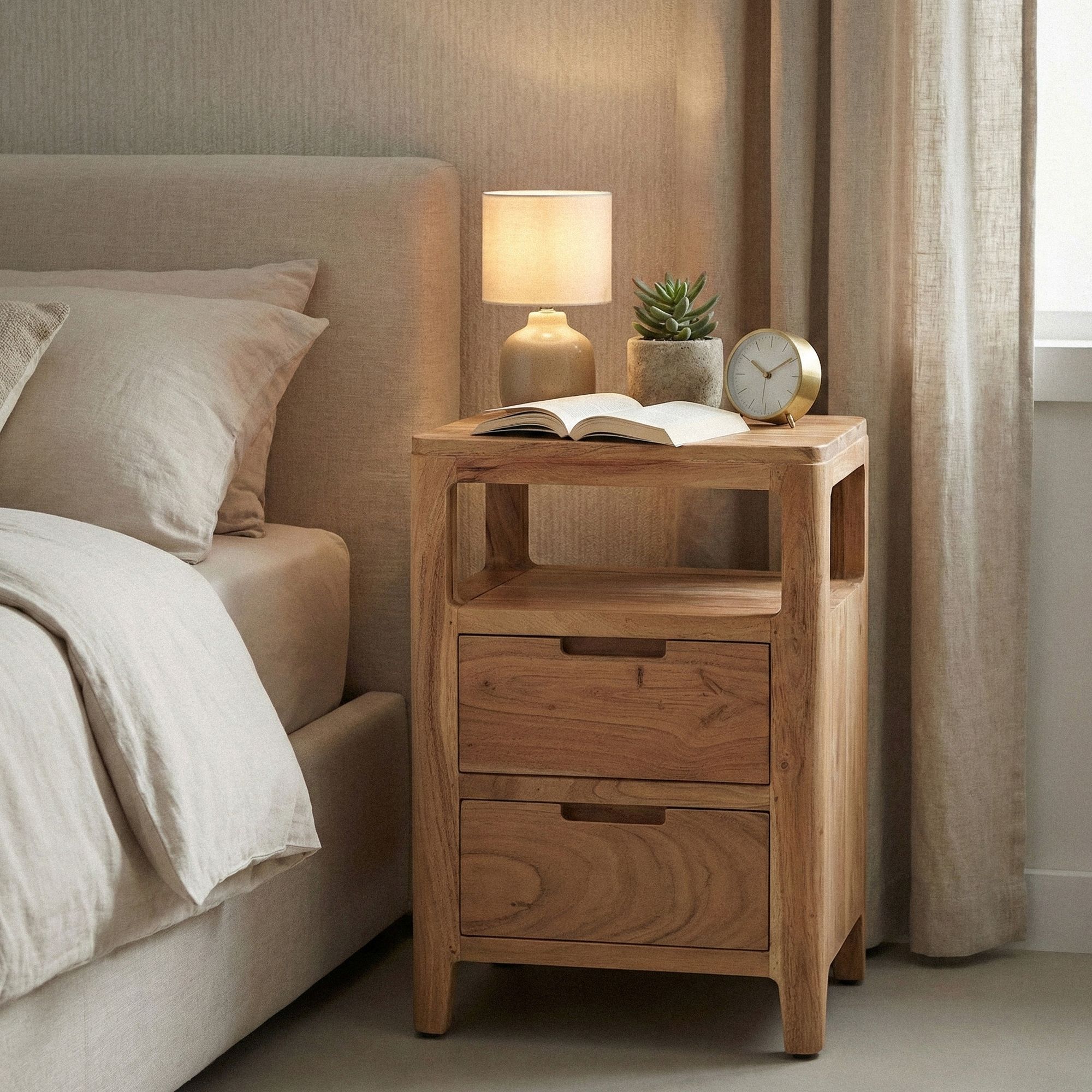 FineBuy Nachttisch Akazie Massivholz 40x60x30 cm - Nachtkonsole mit zwei Schubladen und offenen Ablageflächen - Massivholz Nachtkästchen Boxspringbett - Nachtschrank Nachtkommode Schlafzimmer | Farbe: Braun