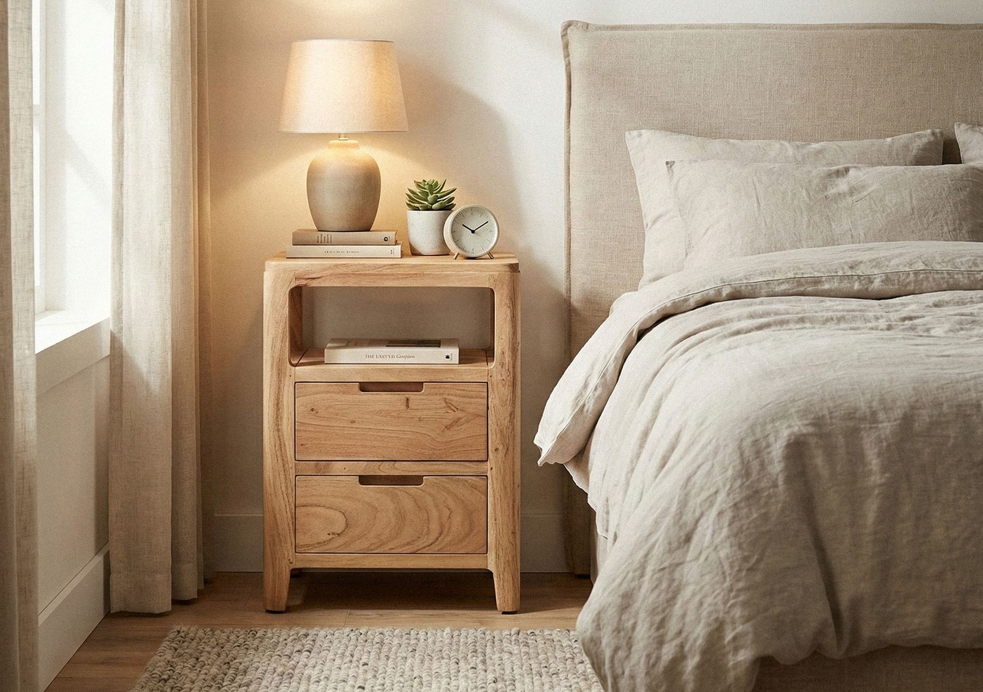 FineBuy Nachttisch Akazie Massivholz 40x60x30 cm - Nachtkonsole mit zwei Schubladen und offenen Ablageflächen - Massivholz Nachtkästchen Boxspringbett - Nachtschrank Nachtkommode Schlafzimmer | Farbe: Braun