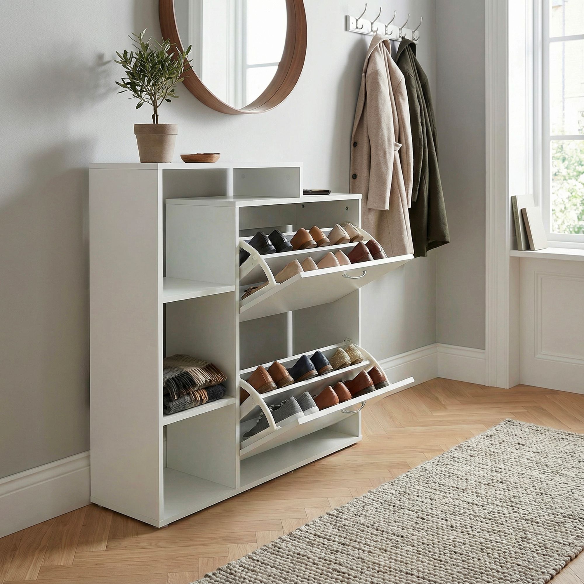 Schuhkipper Holz 2 Fächer Weiß 12 Paar Schuhe Schuhschrank Schuhkommode Ablage – Ansicht 4