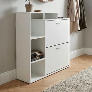 FineBuy Moderner Schuhkipper Holz 2 Fächer Weiß 12 Paar Schuhe, Schuhschrank 85 x 24 x 93 cm, Schuhkommode Flur mit Ablage Regal - Schuhregal