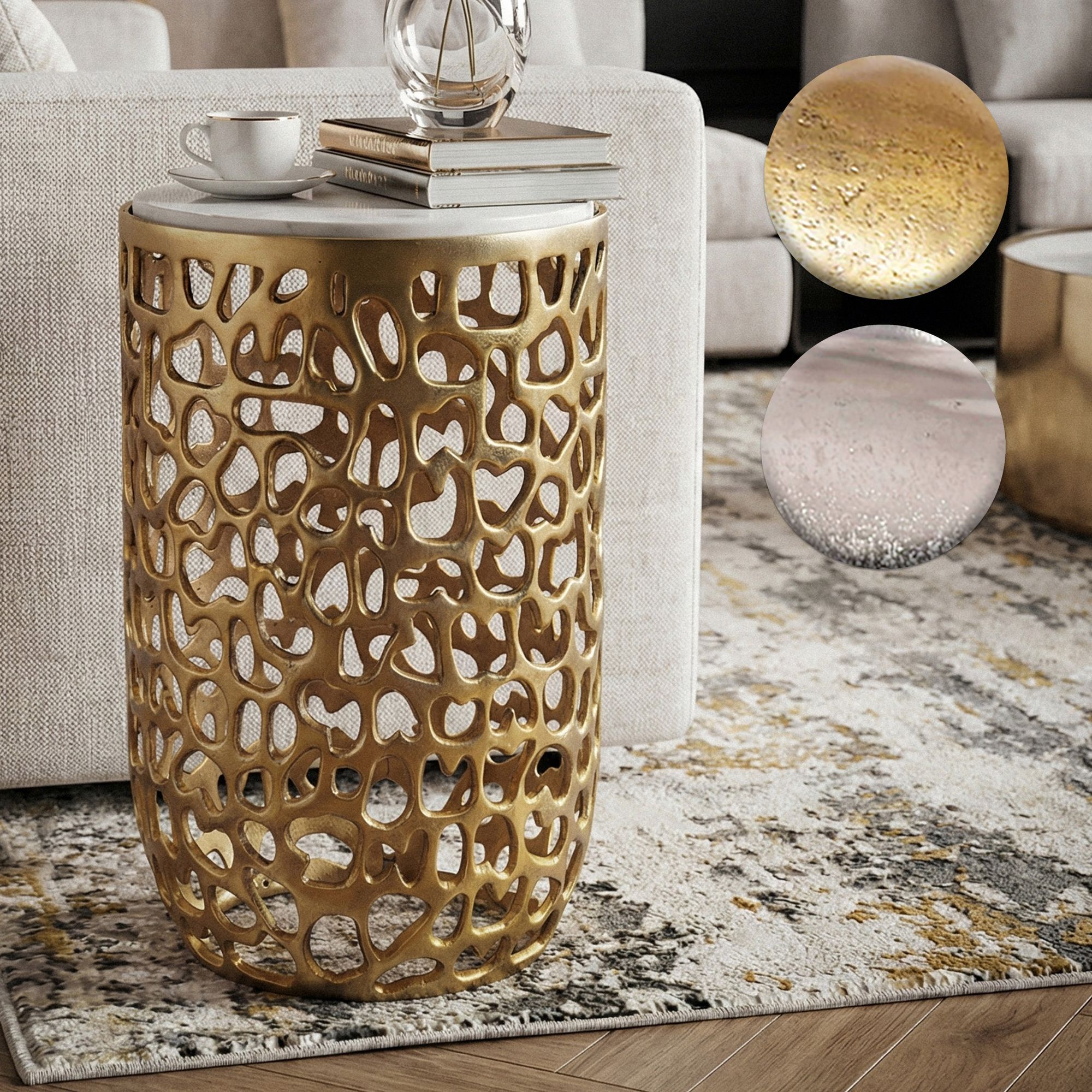 FineBuy Beistelltisch Aluminium rund 30cm – Anstelltisch mit Marmor Tischplatte – Design Metall Couchtisch für Wohnzimmer – runder Wohnzimmertisch modern – Dekotisch Handmade Sofatisch