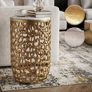 FineBuy Beistelltisch Aluminium rund 30cm – Anstelltisch mit Marmor Tischplatte – Design Metall Couchtisch für Wohnzimmer – runder Wohnzimmertisch modern – Dekotisch Handmade Sofatisch