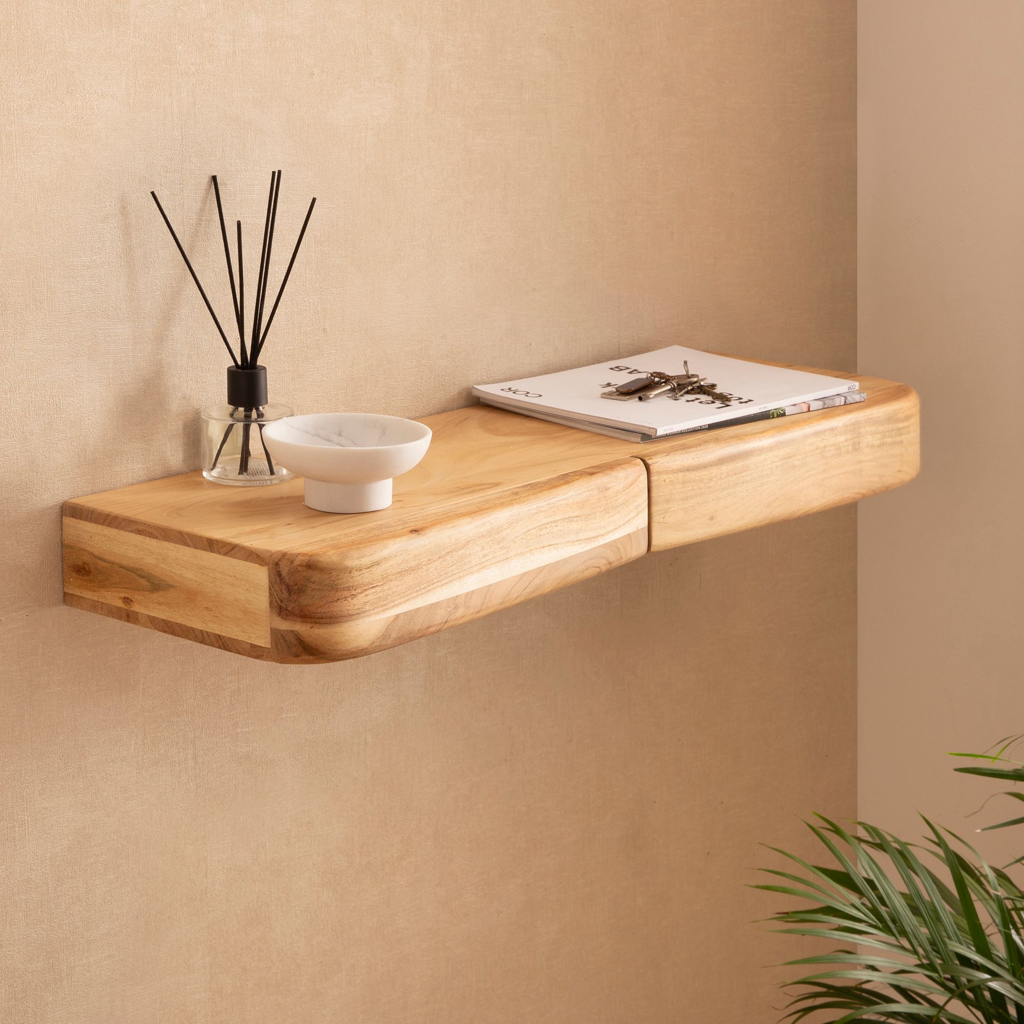 Finebuy Wandregal Akazie Massivholz Mit Schublade - Design Regal FüR Die Wand - Holz Wandboard Mit Stauraum - Schwebendes HäNgeregal Aus Echtholz-image