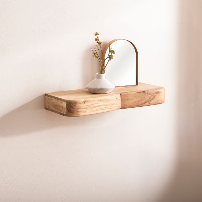 Wandregal Akazie Hängeregal mit Schublade Holz Wandboard Regal für die Wand