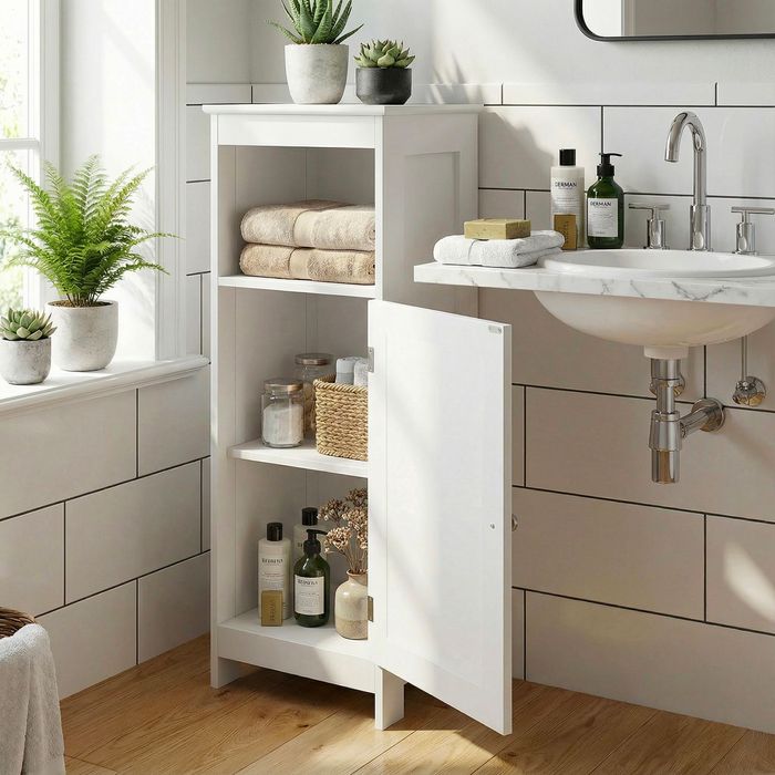 FineBuy Badschrank 80 x 30 x 28 cm Weiß - Schmaler Badezimmerschrank Tür & Ablage Aufbewahrungsschrank Badezimmer Nischenschrank Bad Badezimmerregal