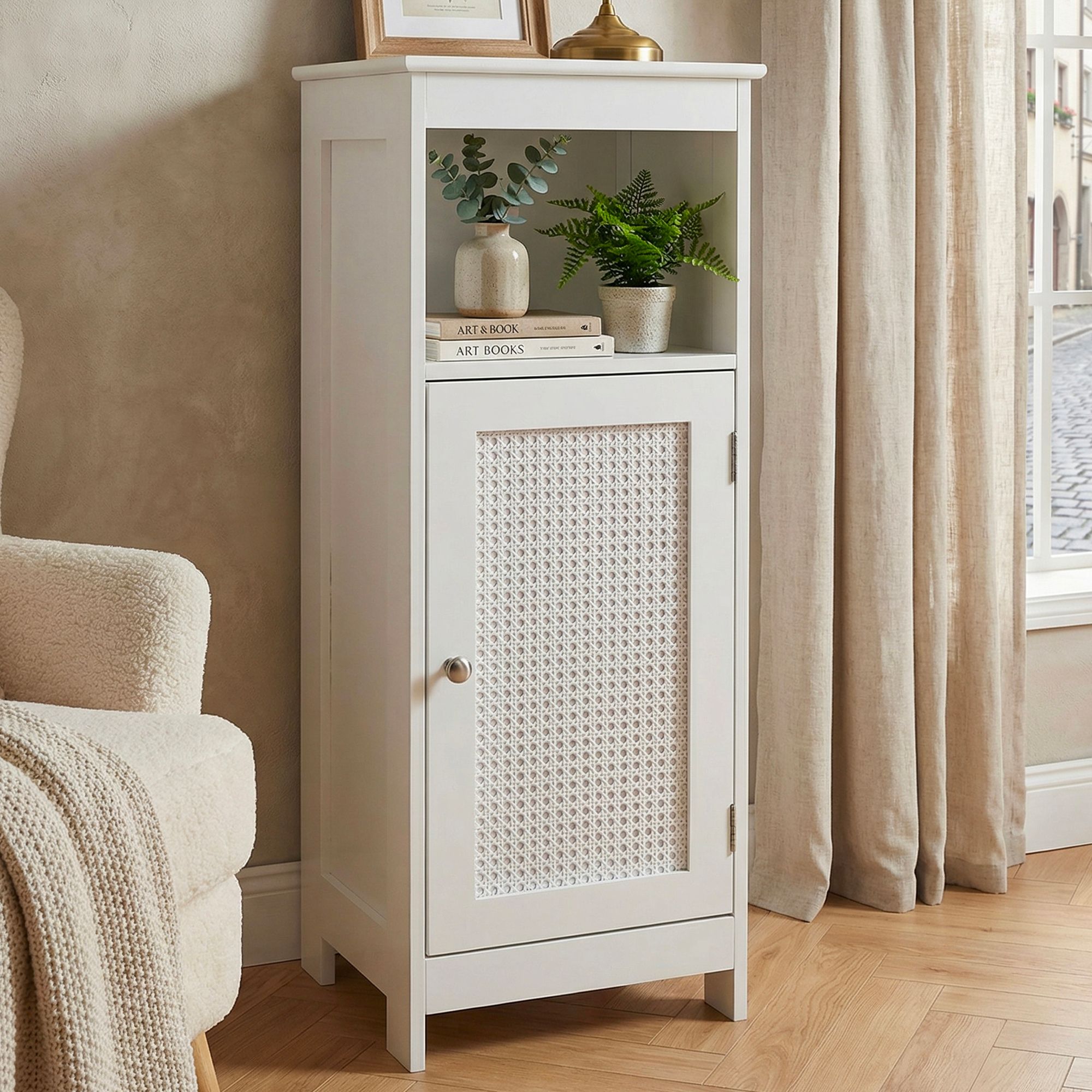 FineBuy Standregal Weiß 80cm – Nischenregal Tür & Ablage Wiener Geflecht – schmales Wohnregal Flur & Wohnzimmer – Stauraumregal - Kleiner Schrank - Kommode | Farbe: Weiß