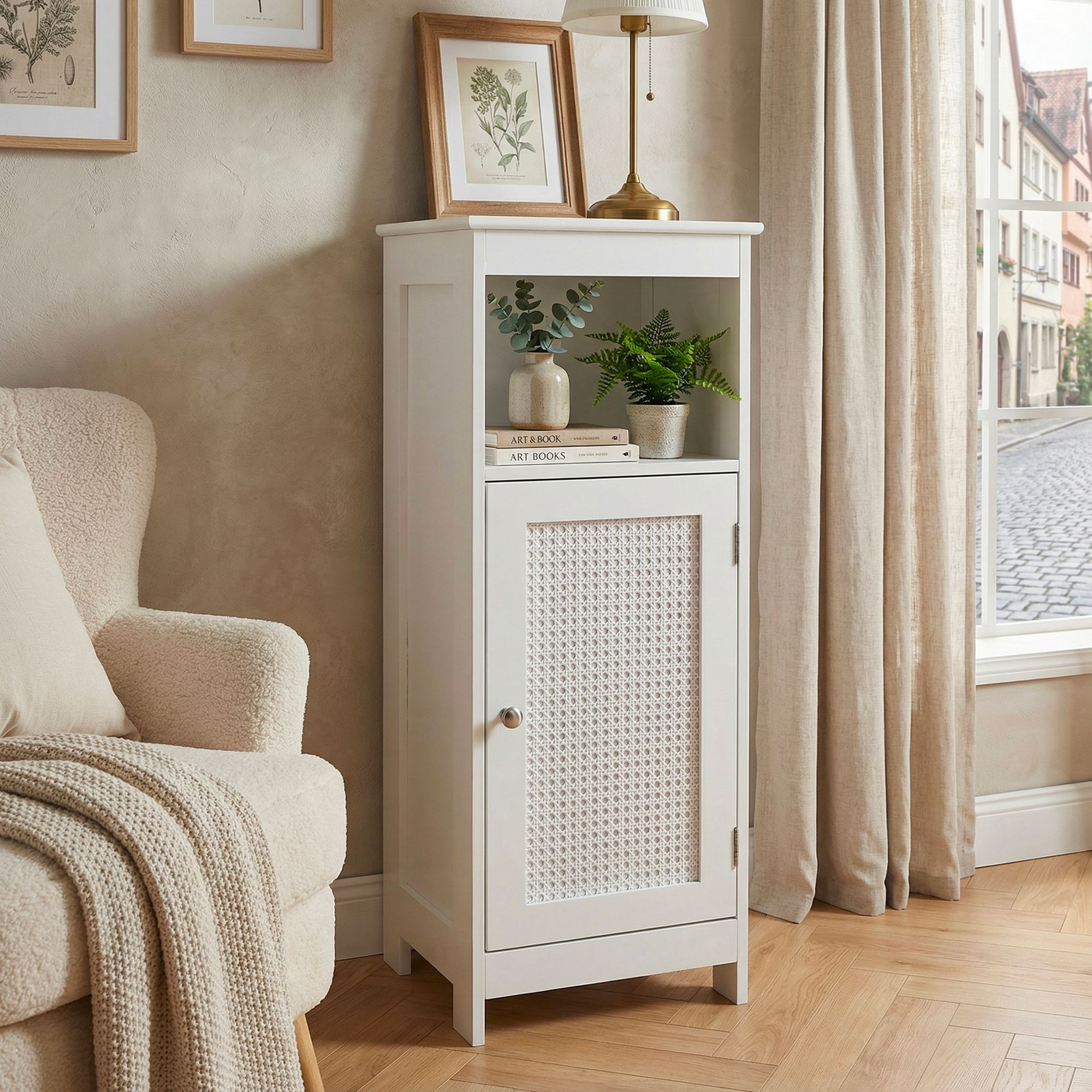 FineBuy Standregal Weiß 80cm – Nischenregal Tür & Ablage Wiener Geflecht – schmales Wohnregal Flur & Wohnzimmer – Stauraumregal - Kleiner Schrank - Kommode | Farbe: Weiß