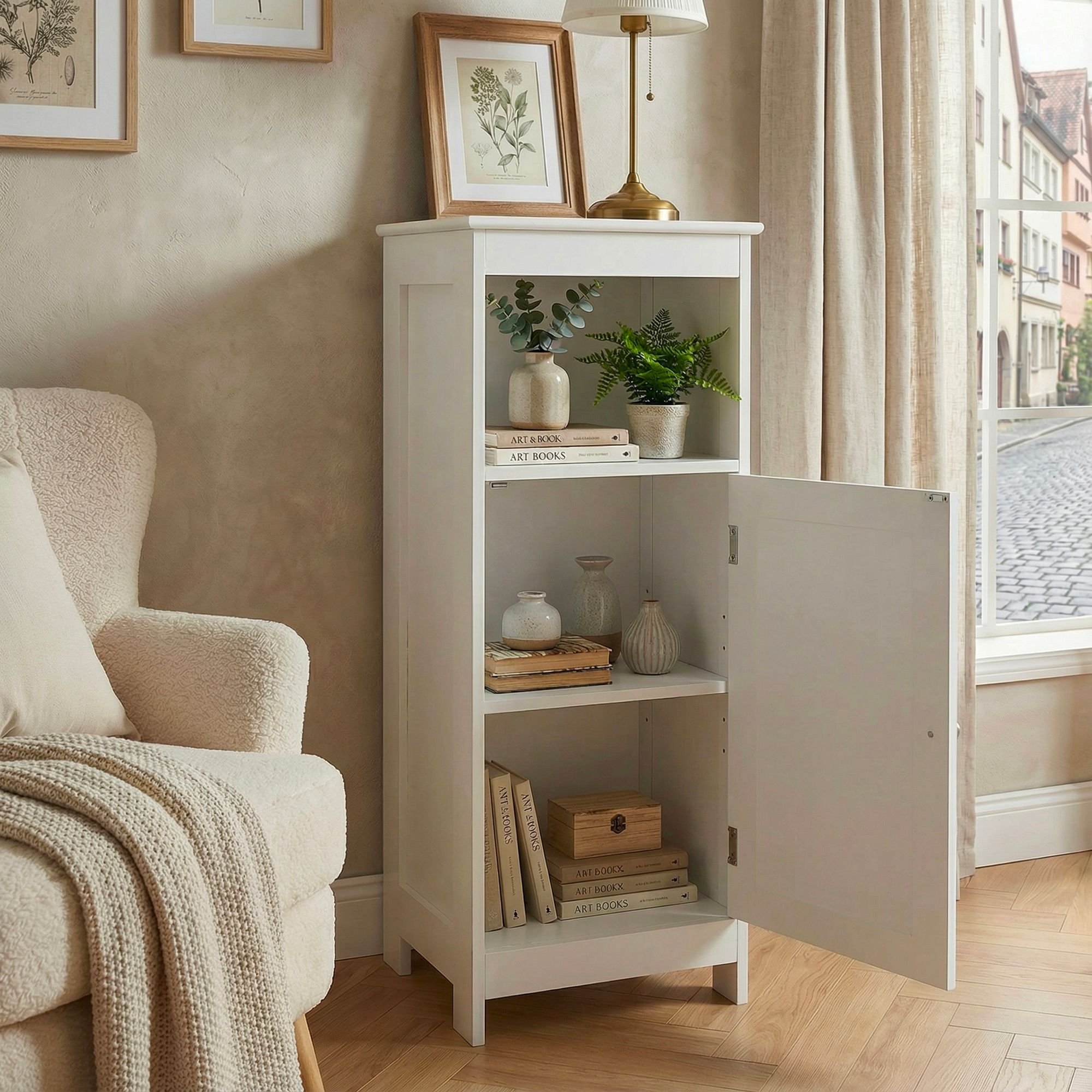 FineBuy Standregal Weiß 80cm – Nischenregal Tür & Ablage Wiener Geflecht – schmales Wohnregal Flur & Wohnzimmer – Stauraumregal - Kleiner Schrank - Kommode | Farbe: Weiß