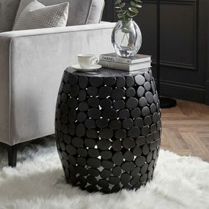 FineBuy Design Beistelltisch rund 40cm aus Aluminium schwarz & Marmor Tischplatte – Couchtisch Alu – Metall Wohnzimmertisch – Dekotisch Handmade