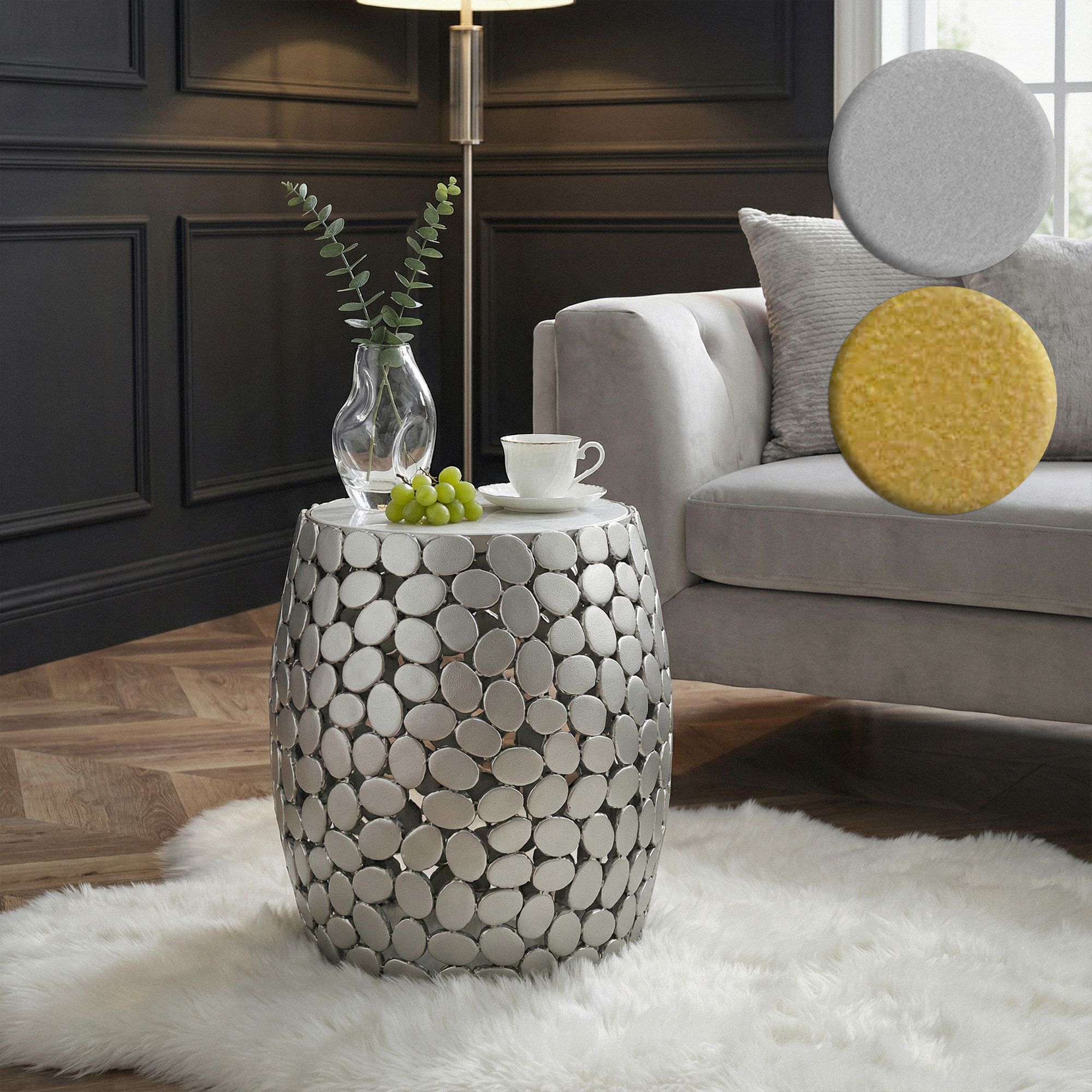 FineBuy Design Beistelltisch rund 40cm aus Aluminium & weißer Marmor Tischplatte – Couchtisch Alu – Metall Wohnzimmertisch Dekotisch Handmade | Farbe: Silber