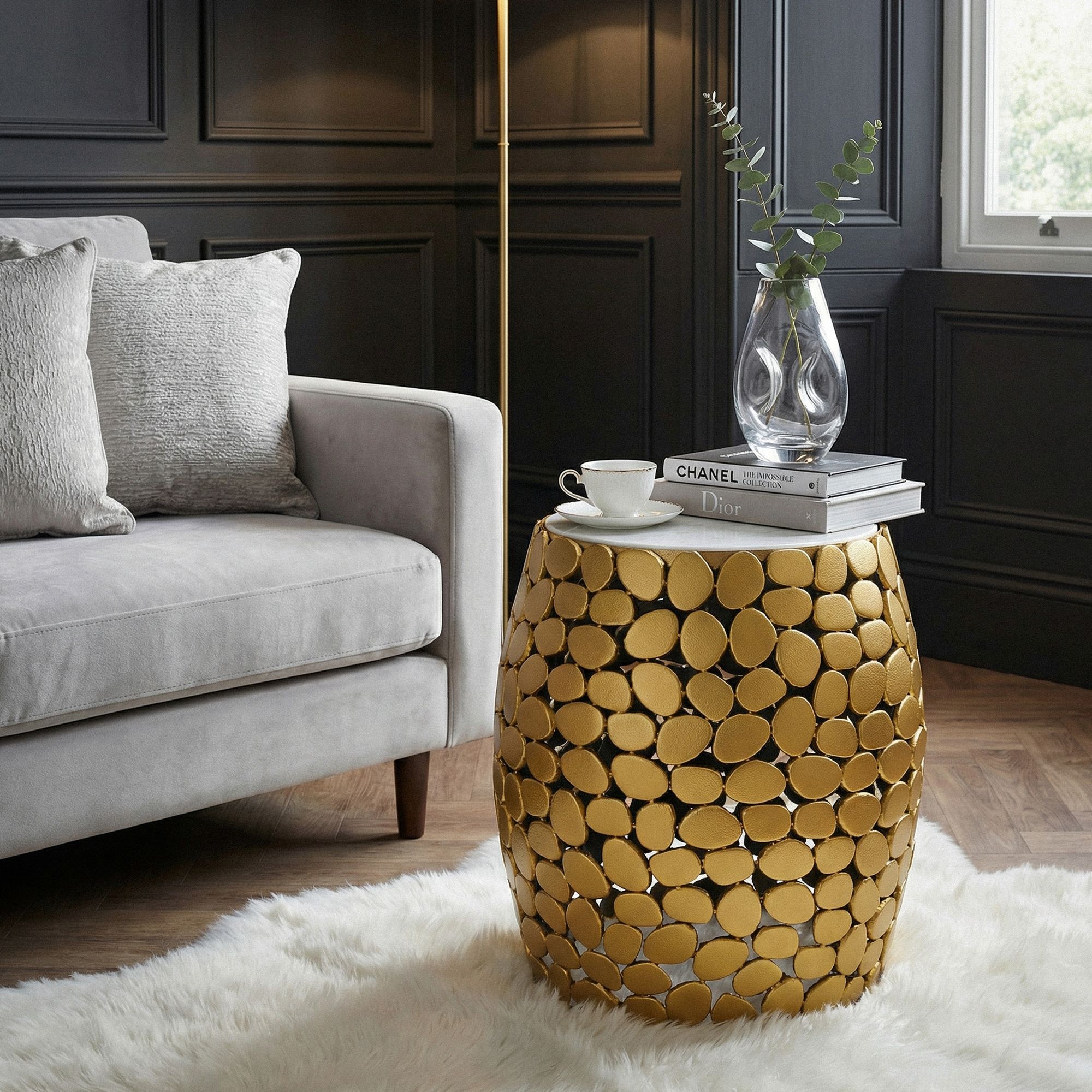 FineBuy Design Beistelltisch rund 40cm aus Aluminium & weißer Marmor Tischplatte – Couchtisch Alu – Metall Wohnzimmertisch Dekotisch Handmade | Farbe: Silber