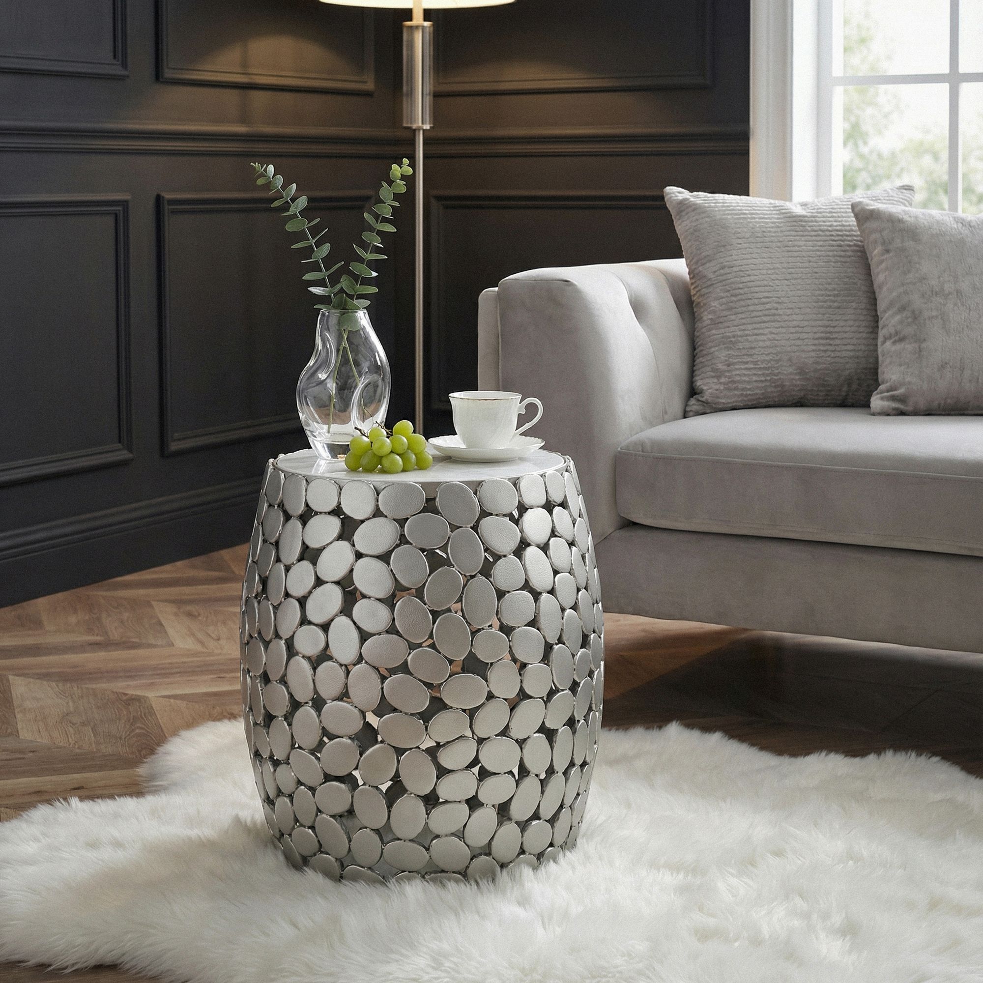 FineBuy Design Beistelltisch rund 40cm aus Aluminium & weißer Marmor Tischplatte – Couchtisch Alu – Metall Wohnzimmertisch Dekotisch Handmade | Farbe: Silber