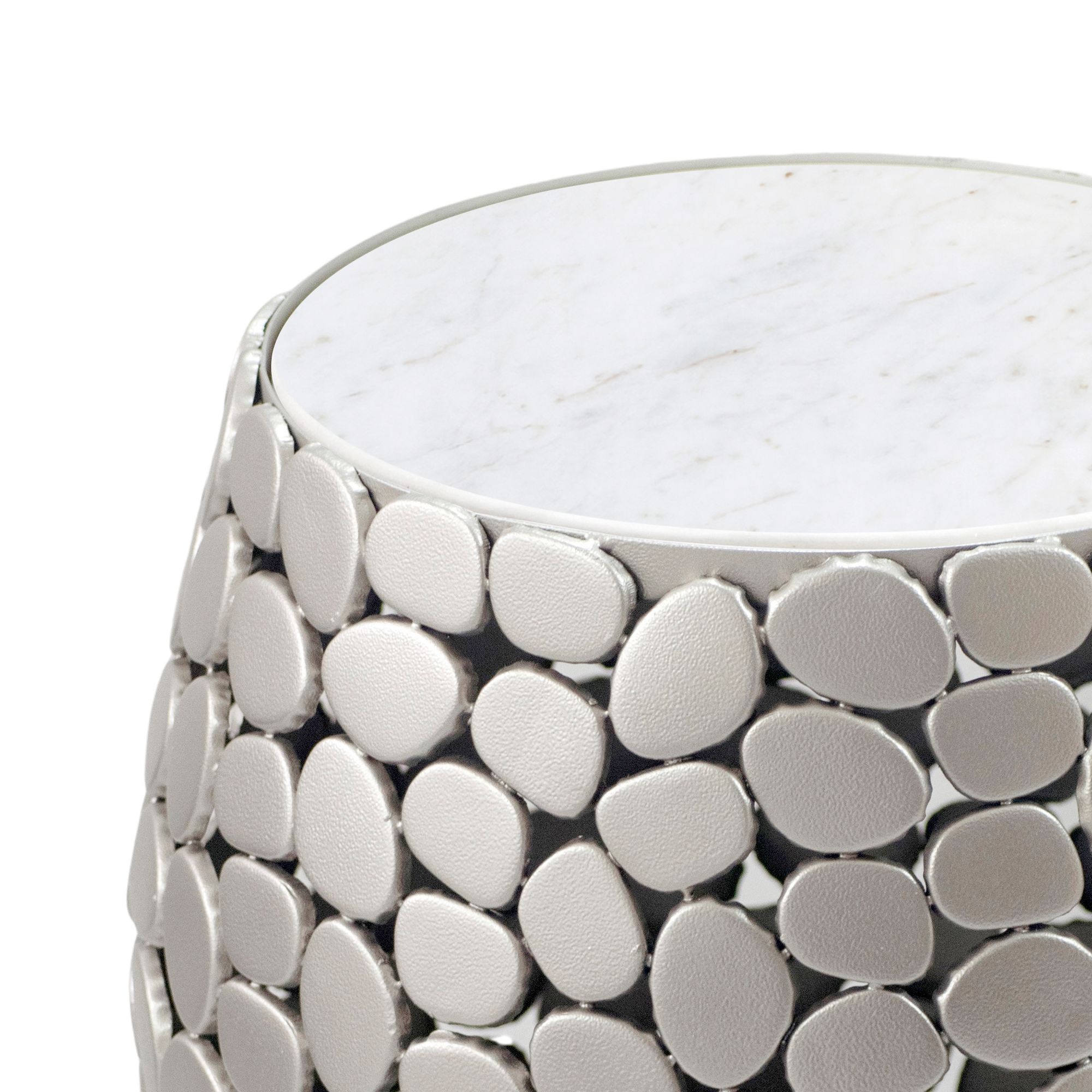 FineBuy Design Beistelltisch rund 40cm aus Aluminium & weißer Marmor Tischplatte – Couchtisch Alu – Metall Wohnzimmertisch Dekotisch Handmade | Farbe: Silber