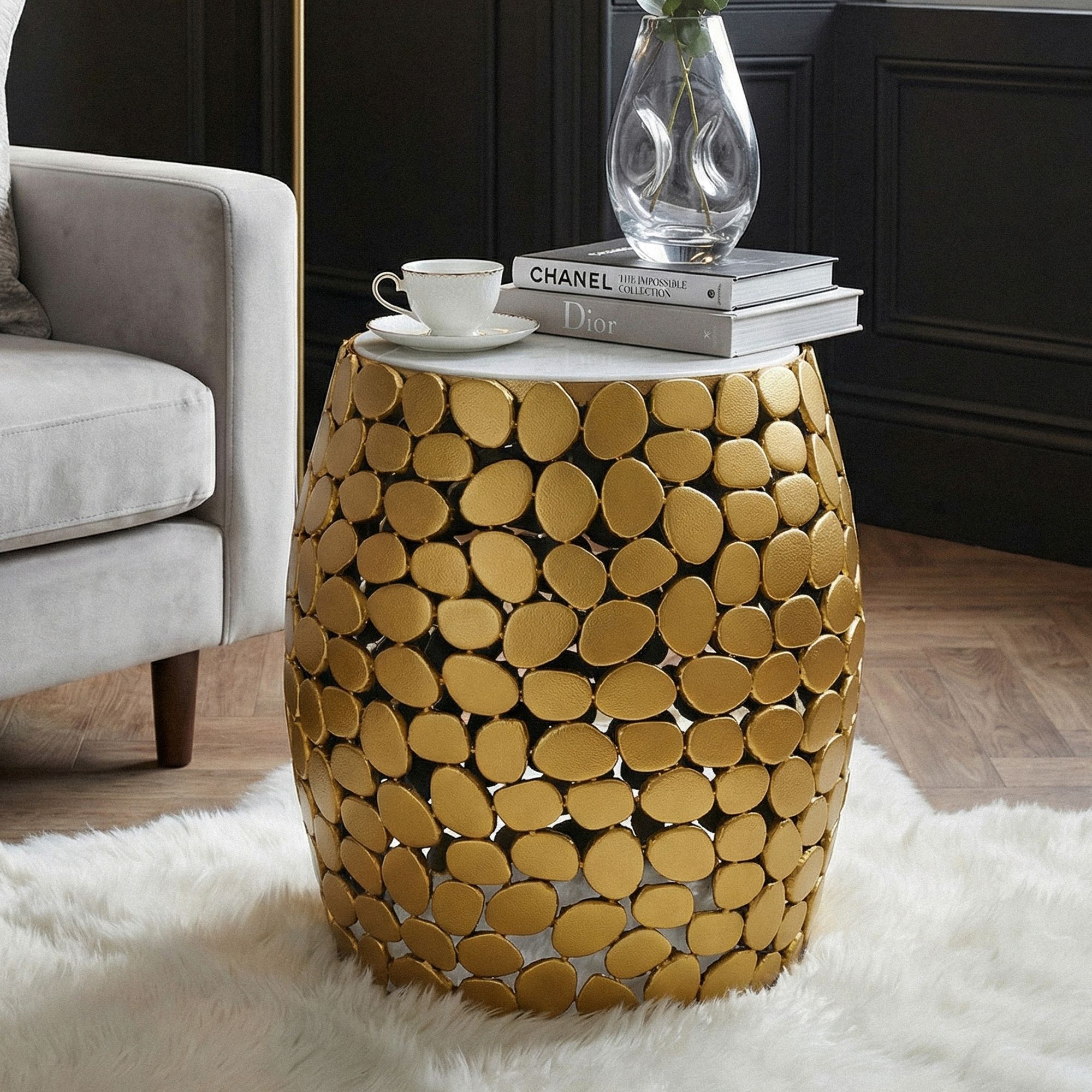 FineBuy Design Beistelltisch rund 40cm aus Aluminium & weißer Marmor Tischplatte – Couchtisch Alu – Metall Wohnzimmertisch Dekotisch Handmade | Farbe: Silber