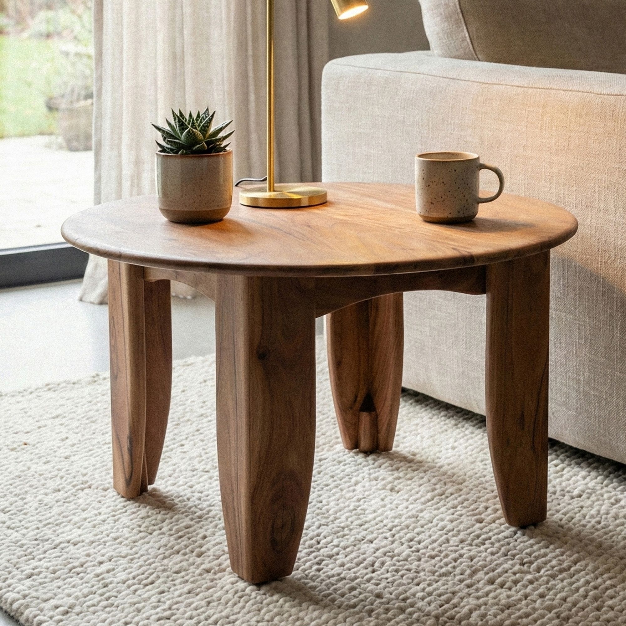 Couchtisch 60cm Sofatisch Akazie Massivholz Wohnzimmertisch Beistelltisch Rund – Ansicht 1