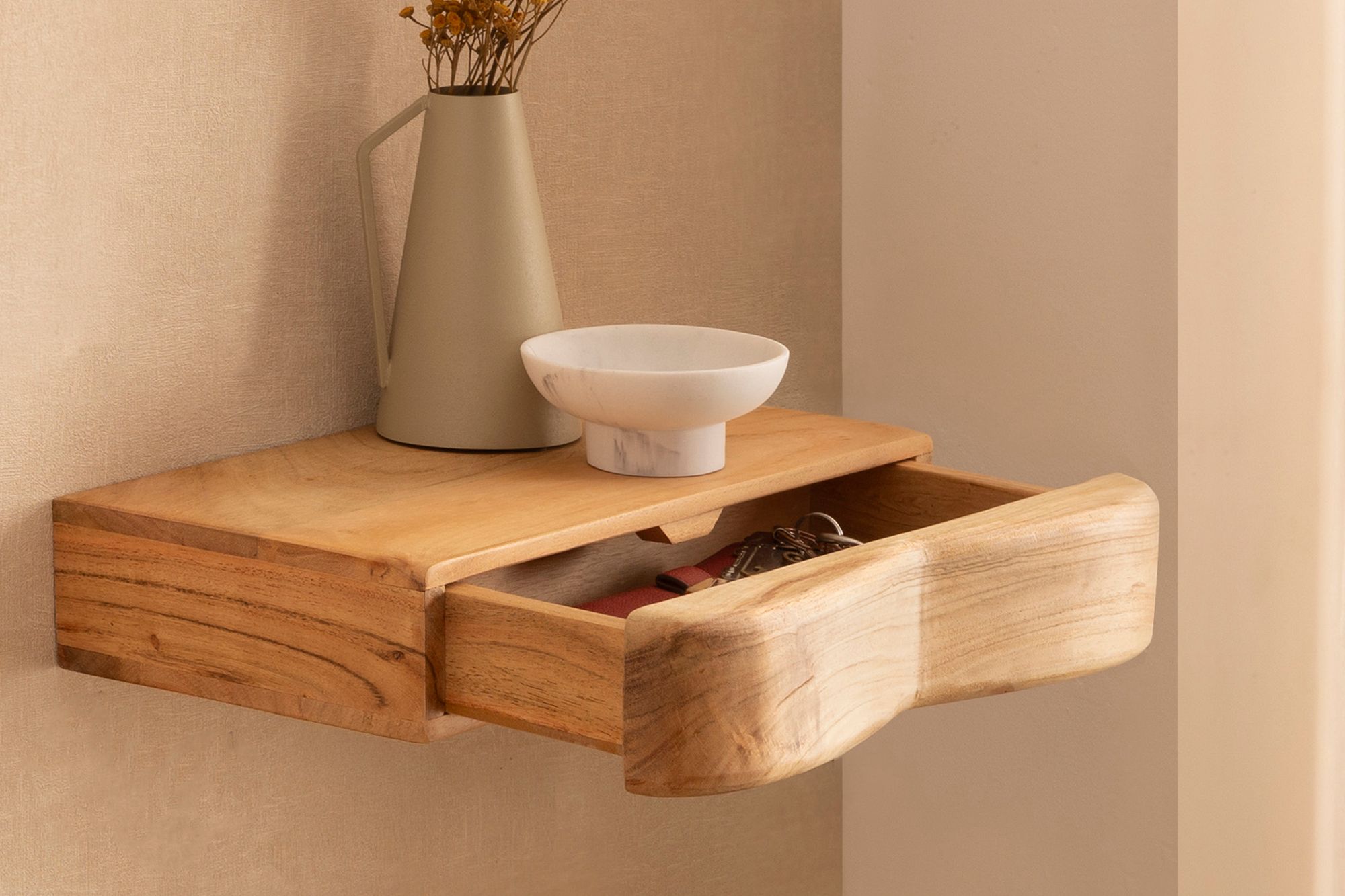 FineBuy Schwebende Nachtkonsole Akazie Massivholz 40cm – Wand Nachttisch mit Schublade – Hängender Nachtschrank für Schlafzimmer – Modernes Wandboard Echtholz - Handmade | Farbe: Braun