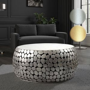 FineBuy Design Couchtisch rund 66 cm aus Aluminium und weißer Marmor Tischplatte - Wohnzimmertisch Alu - Metall Sofatisch - Beistelltisch Wohnzimmer - Handmade