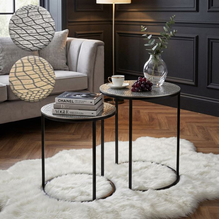 FineBuy Satztisch Metall 2er Set rund - Beistelltisch Aluminium Tischplatten mit Muster - Design Couchtisch Anstelltisch modern Eisen Gestell - Dekotisch Wohnzimmertisch Handmade