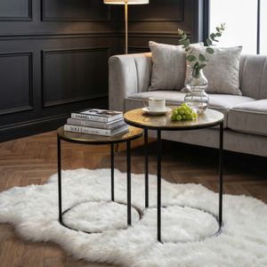 FineBuy Satztisch Metall 2er Set rund - Beistelltisch Aluminium Tischplatten mit Muster - Design Couchtisch Anstelltisch modern Eisen Gestell - Dekotisch Wohnzimmertisch Handmade