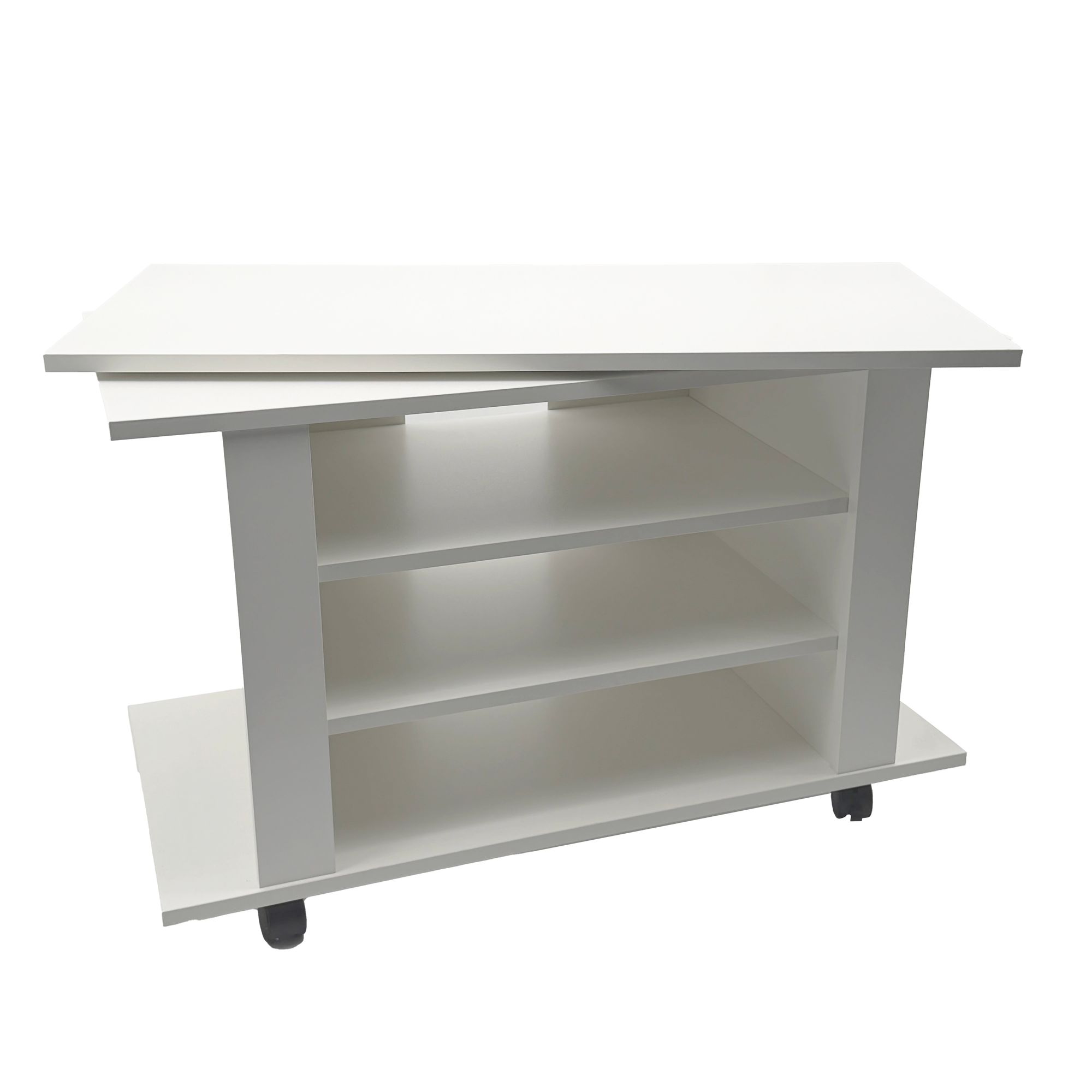 FineBuy TV Lowboard Weiß 78 cm – HiFi Bank mit drehbarer Oberplatte – Fernsehtisch auf Rollen – TV Möbel mit offenen Fächern – Medienboard Modern – Fernsehschrank | Farbe: Weiß