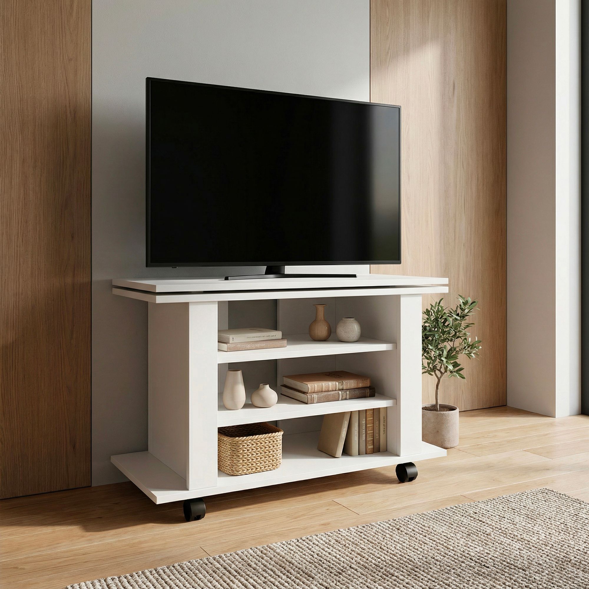 FineBuy TV Lowboard Weiß 78 cm – HiFi Bank mit drehbarer Oberplatte – Fernsehtisch auf Rollen – TV Möbel mit offenen Fächern – Medienboard Modern – Fernsehschrank | Farbe: Weiß